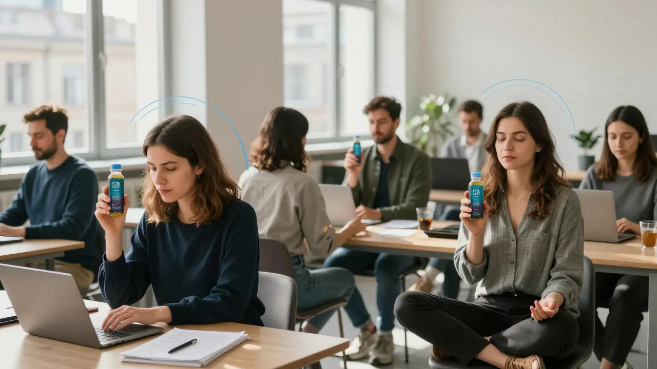 Menschen in einem Berliner Co-Working-Space, die CBD-Energy-Drinks trinken und ruhig konzentriert arbeiten.