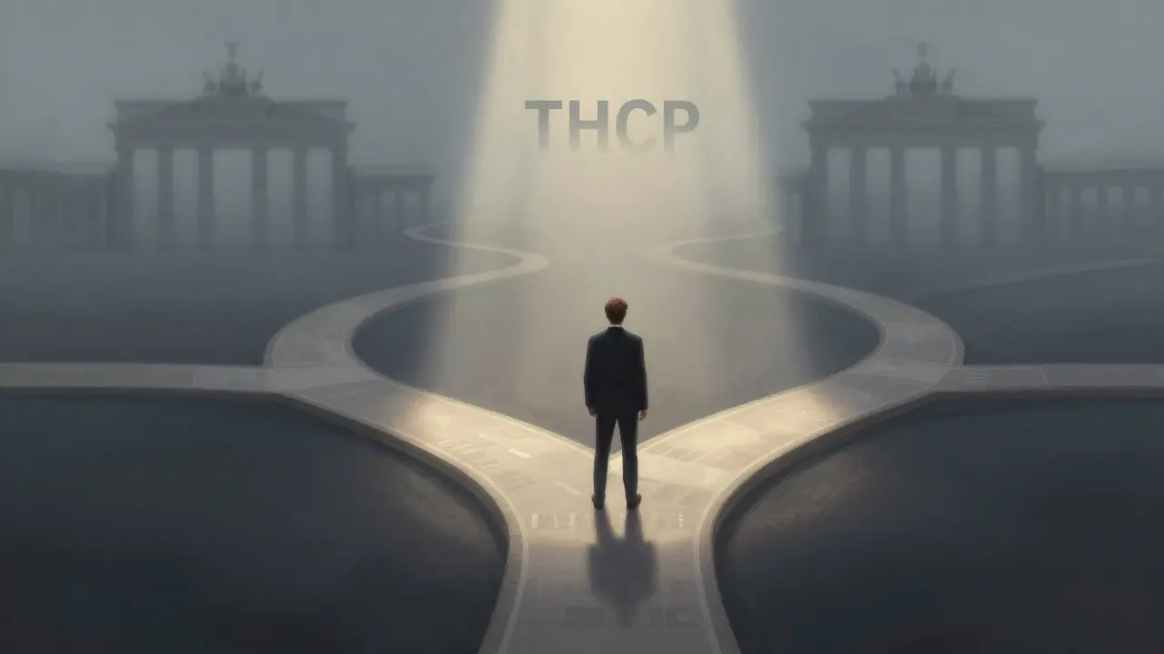 Person an Kreuzwegsymbol für rechtliche Grauzone