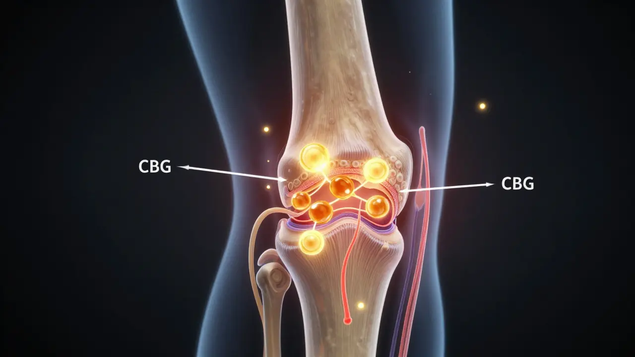 Querschnitt eines Gelenks mit CBG-Molekülen, die Entzündung reduzieren und Knorpel schützen.
