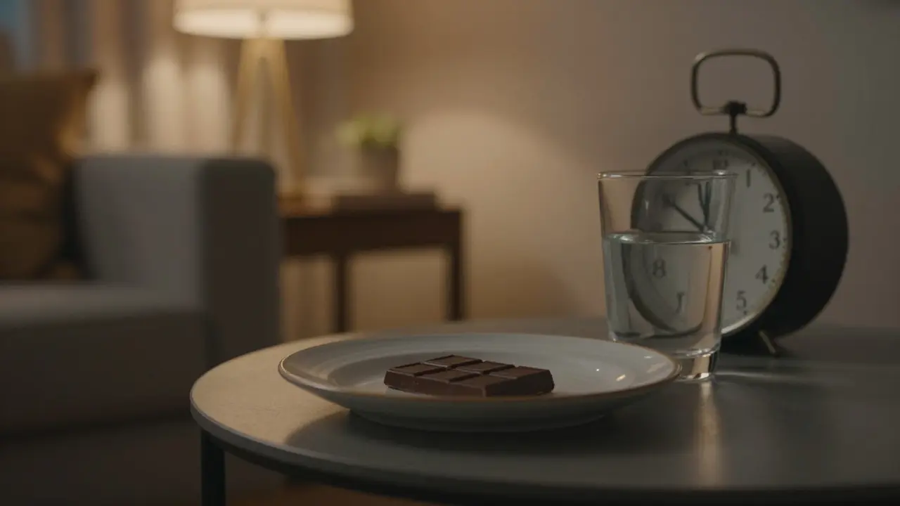 Ruhige Szene mit Schokolade und Wasser, eine Uhr im Hintergrund