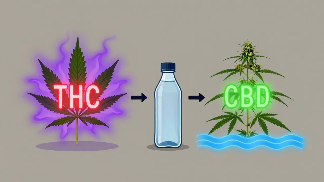 Vergleich: Eine THC-bedeutete Marihuanapflanze neben einer CBD-bedeuteten Hanfpflanze mit beruhigenden Wellen.