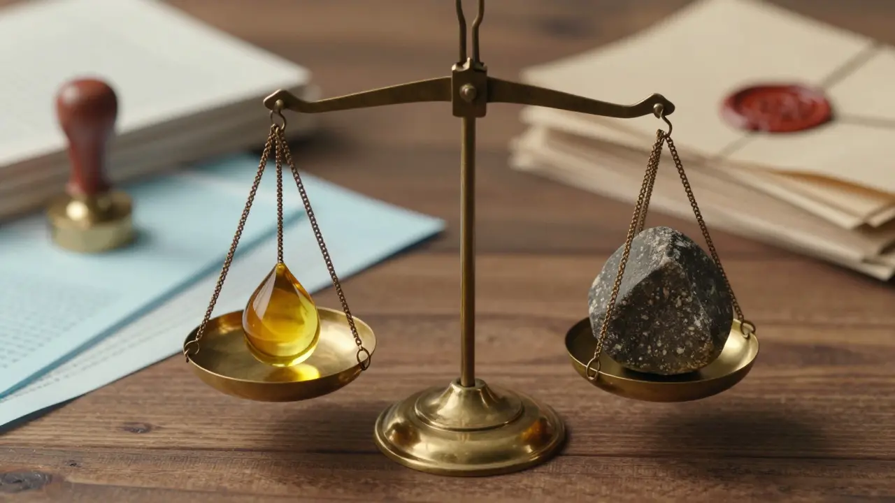 Waage mit Dokumenten symbolisiert rechtliche Prüfung von HHC Produkten.