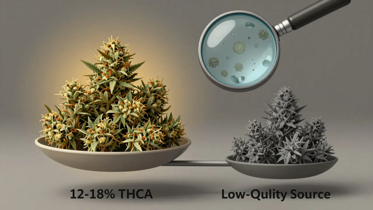 Waage mit hochwertigen Hanfblüten (12-18 % THCA) auf einer Seite und minderwertigem Material auf der anderen, unter einer Lupe.