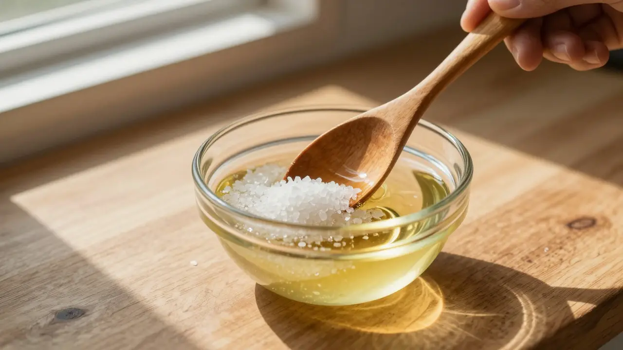 Weiße CBD-Kristalle werden mit Trägeröl in einer Schale gemischt.