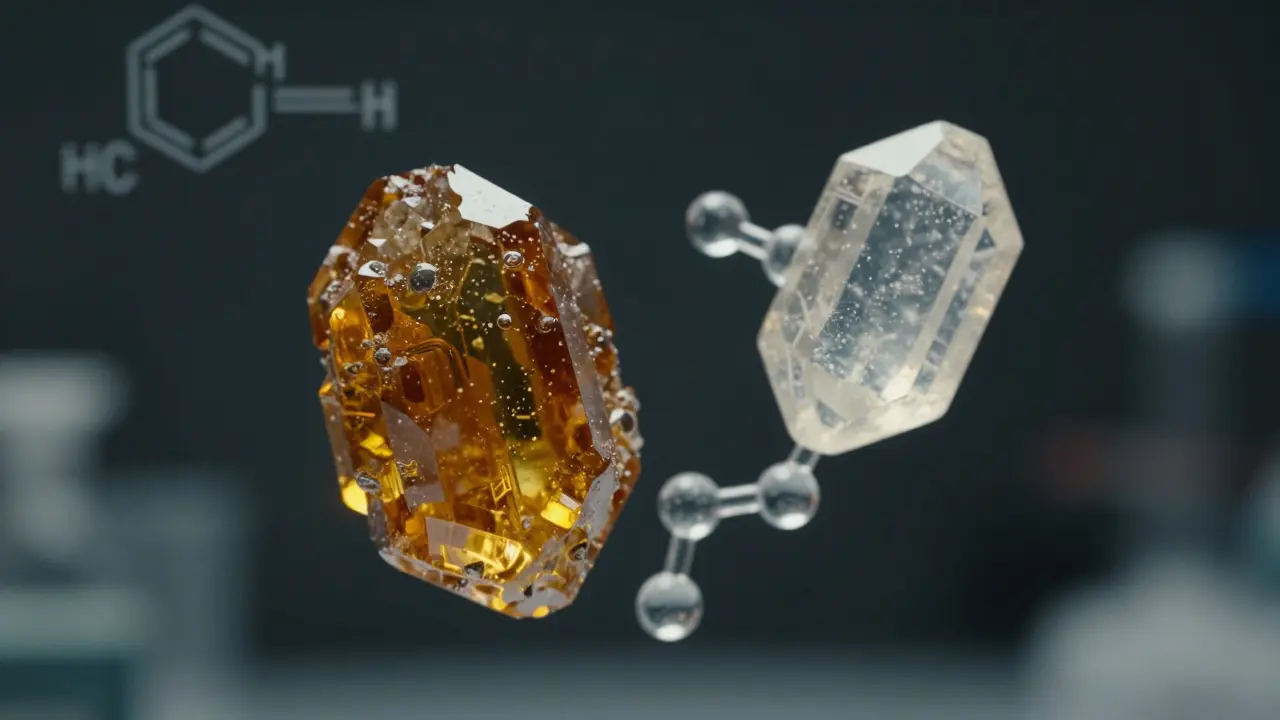 Zwei chemische Kristallstrukturen in Dunkelheit, einer amberfarben und leuchtend, der andere durchscheinend, mit subtilen Molekülformeln im Hintergrund.