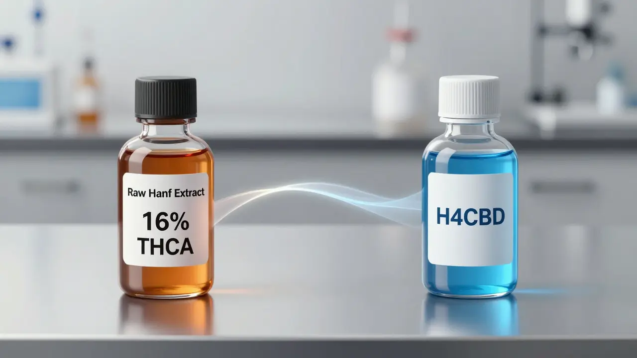 Zwei Fläschchen: eines mit THCA-reichem Hanfextrakt (amber), eines mit H4CBD (blau), symbolisieren die chemische Modifikation ohne THC-Entstehung.
