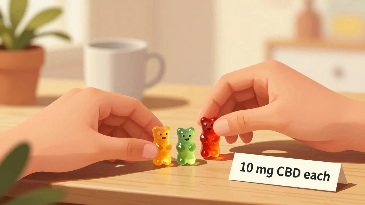 Zwei Hände legen bunte CBD-Gummibärchen auf einen Holztisch, umgeben von alltäglichen Wohnaccessoires.