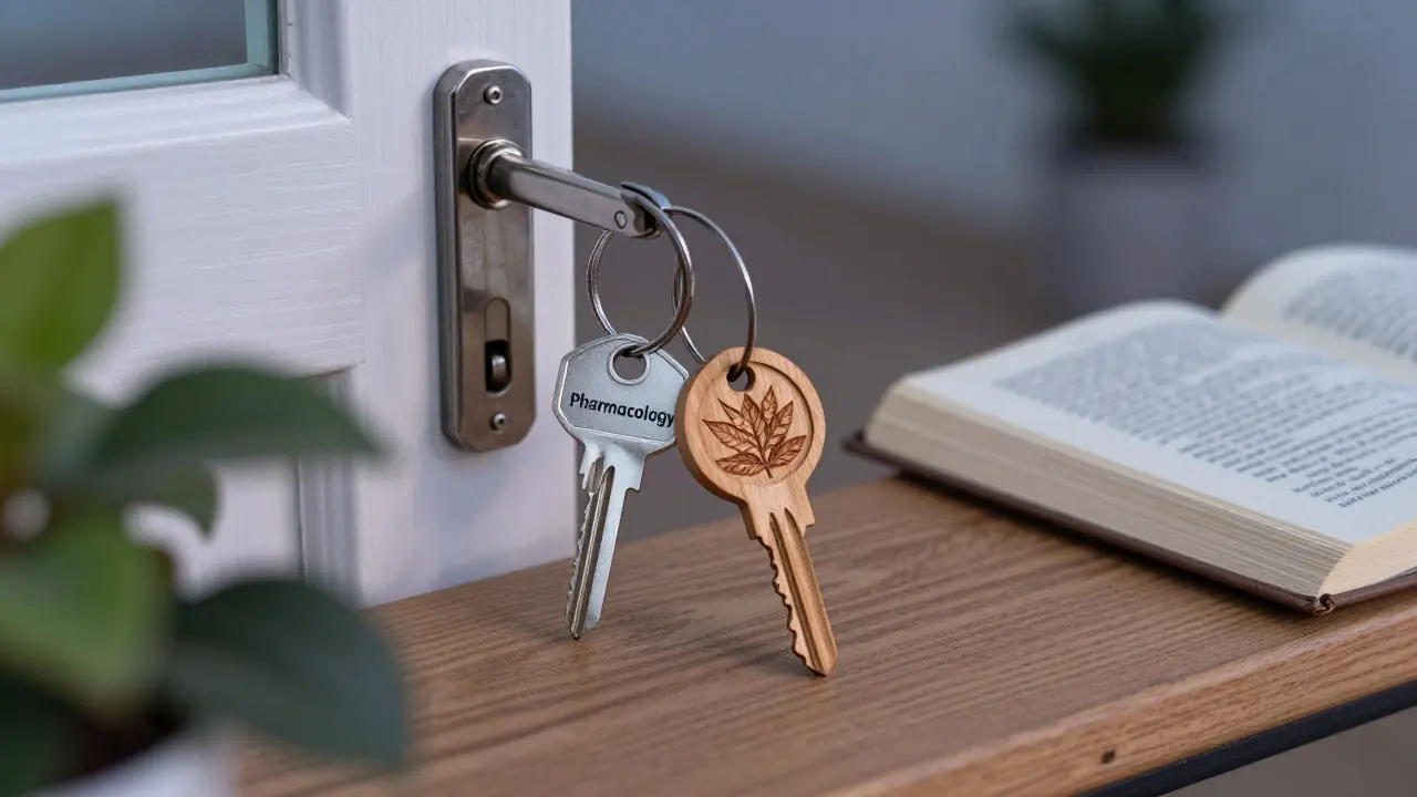 Zwei Schlüssel — einer metallisch, einer aus Holz — vor einer verschlossenen Tür, symbolisieren pharmakologische vs. natürliche Ansätze zur Sexualgesundheit.