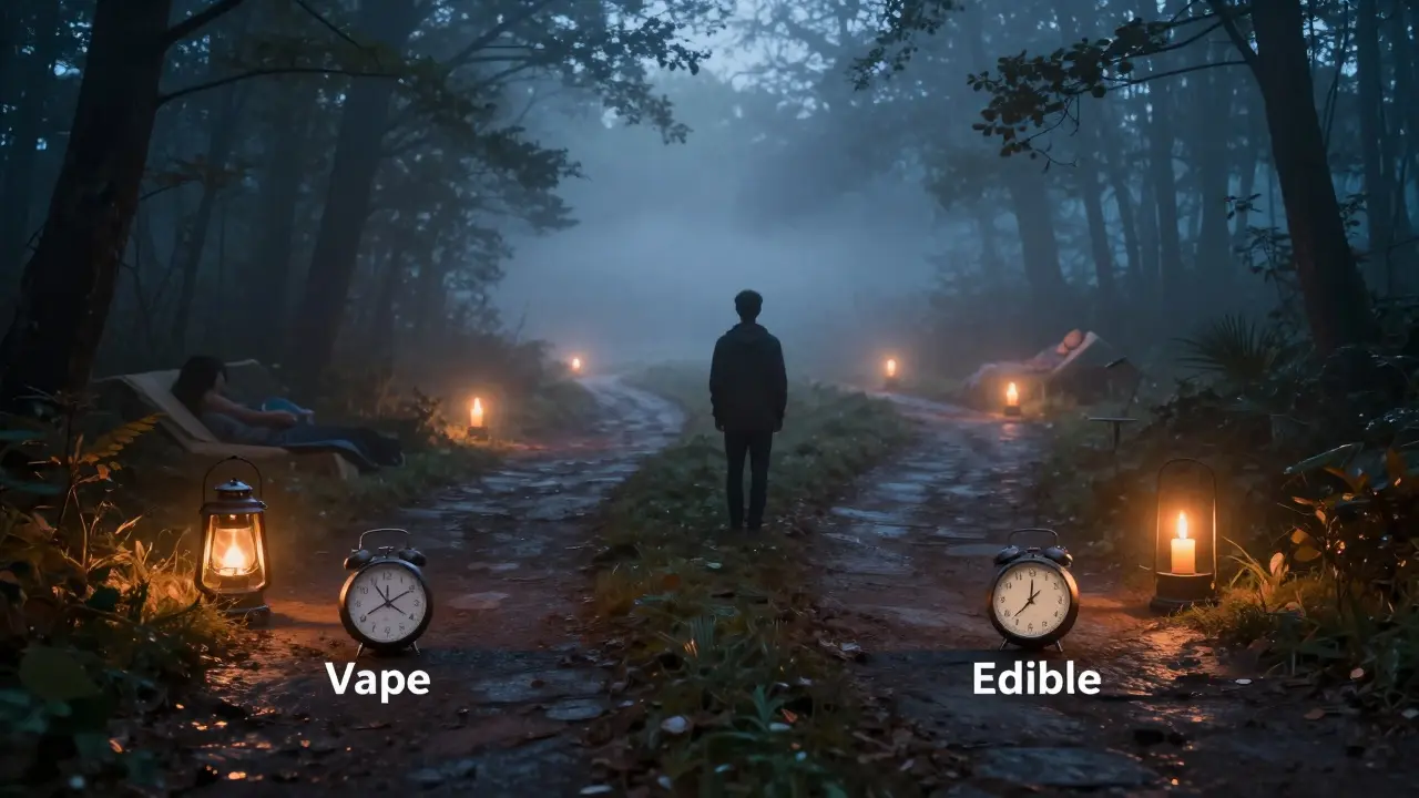 Zwei Wege im Wald: einer mit schnellen Lichtern für Vape, der andere mit langsamen Kerzen für Edible — eine Person steht an der Kreuzung.