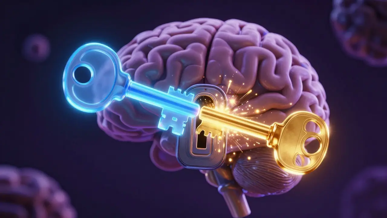 3D-Visualisierung von CBD und Delta 8 als Schlüssel an Gehirnrezeptoren.