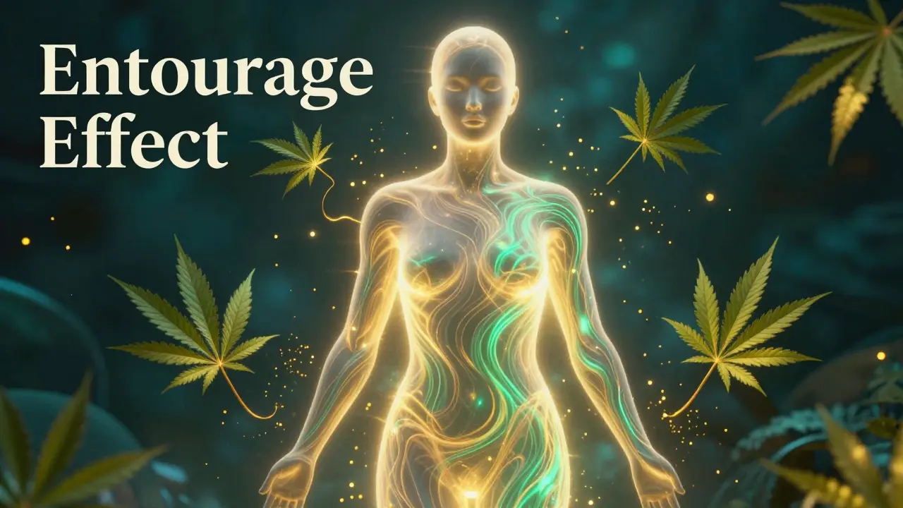 Abstrakte Darstellung des Endocannabinoid-Systems mit goldenem Licht und Hanfblättern.