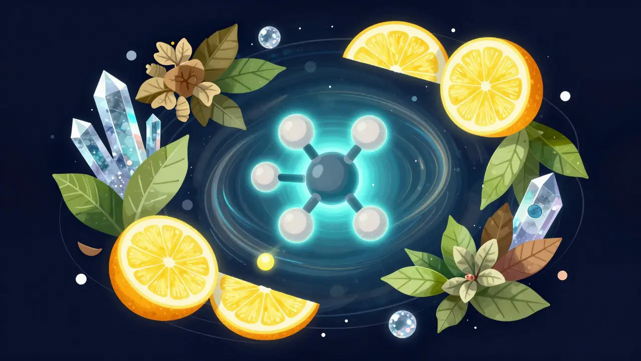 Abstrakte Darstellung des Entourage-Effekts mit CBD und Terpenen.