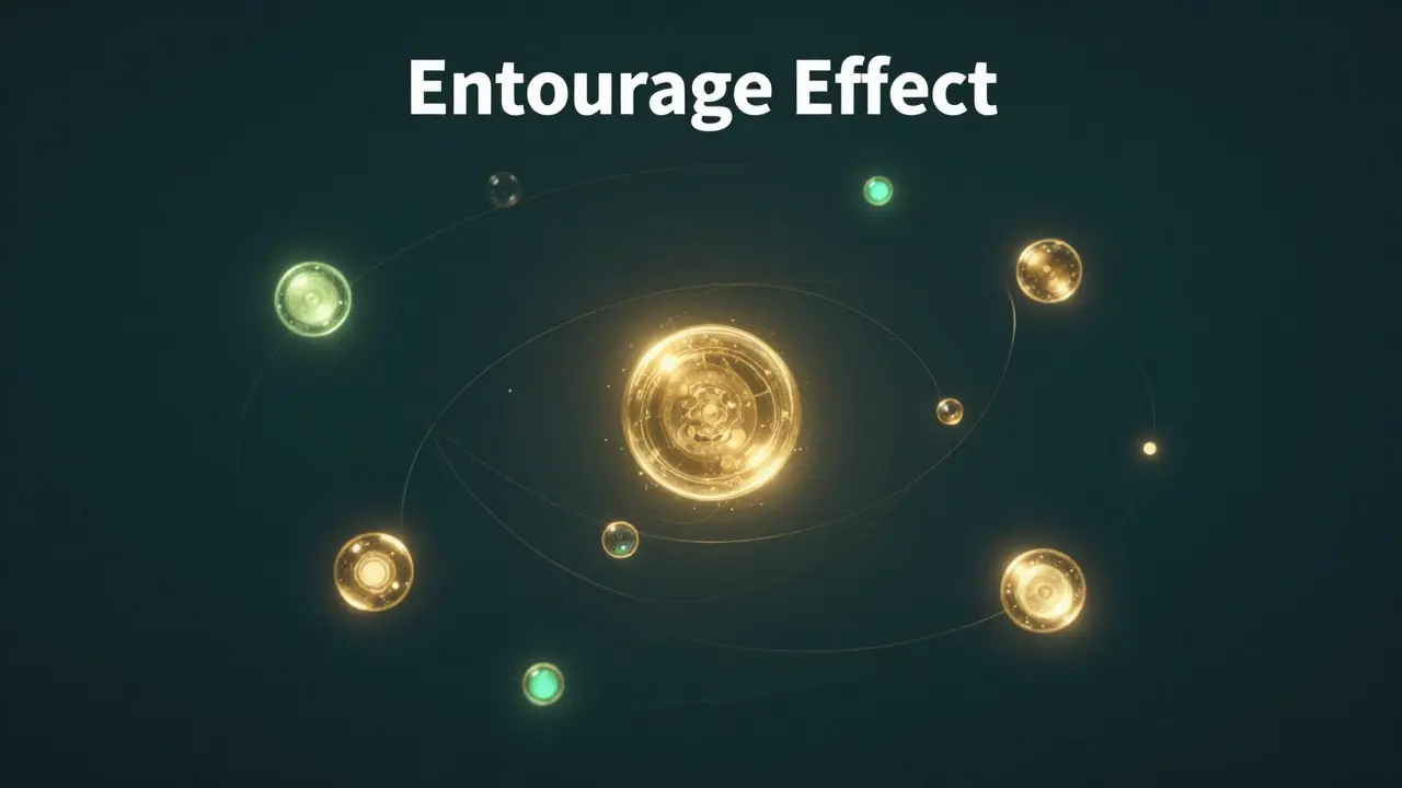 Abstrakte Darstellung des Entourage-Effekts mit harmonisch kreisenden goldenen Lichtkugeln.