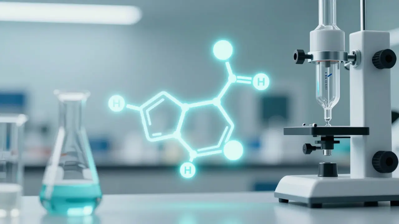 Abstrakte Darstellung einer Molekülstruktur in einer modernen Laborumgebung.