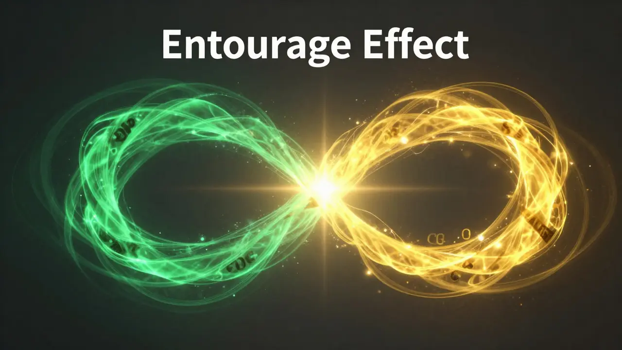 Abstrakte Darstellung von CBD und CBG als verschmelzende grüne und goldene Energieströme.