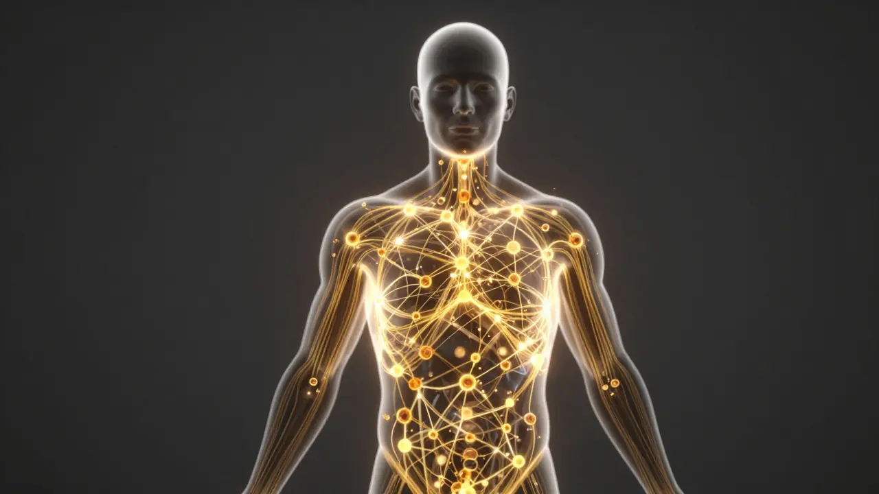 Abstraktes Netzwerk des Endocannabinoid-Systems mit leuchtenden CBD-Molekülen.