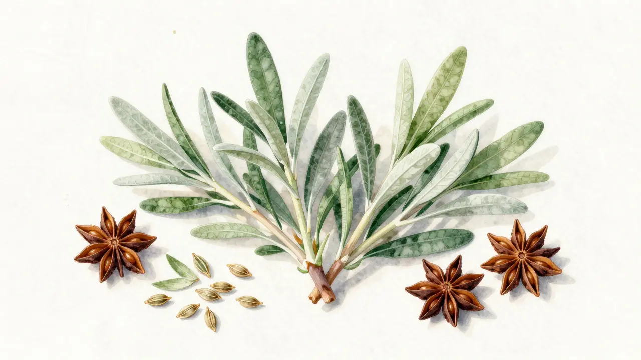 Botanische Darstellung von Wermut, Sternanis und Fenchelsamen.