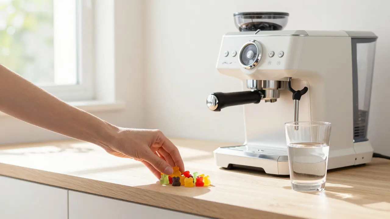 CBD-Gummibärchen neben einer Kaffeemaschine im hellen Morgenlicht.