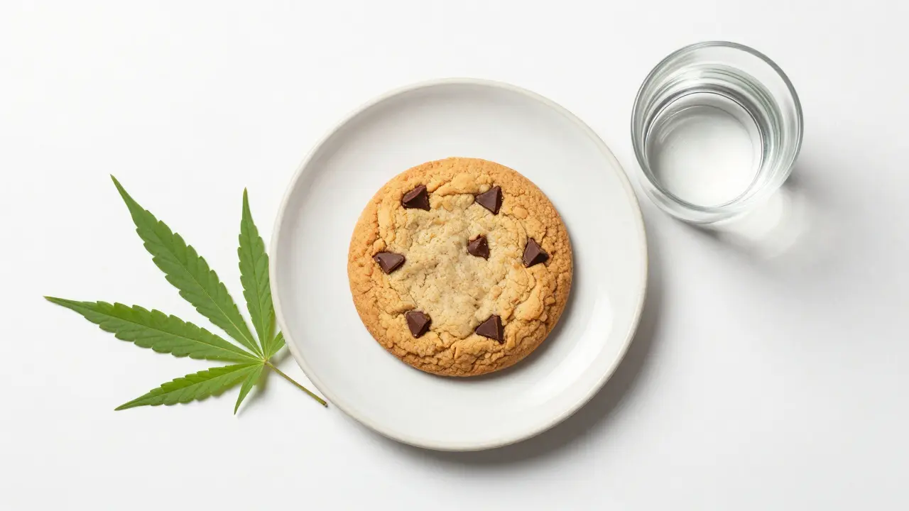 Ein CBD-Keks auf einem weißen Teller neben einem Hanfblatt.