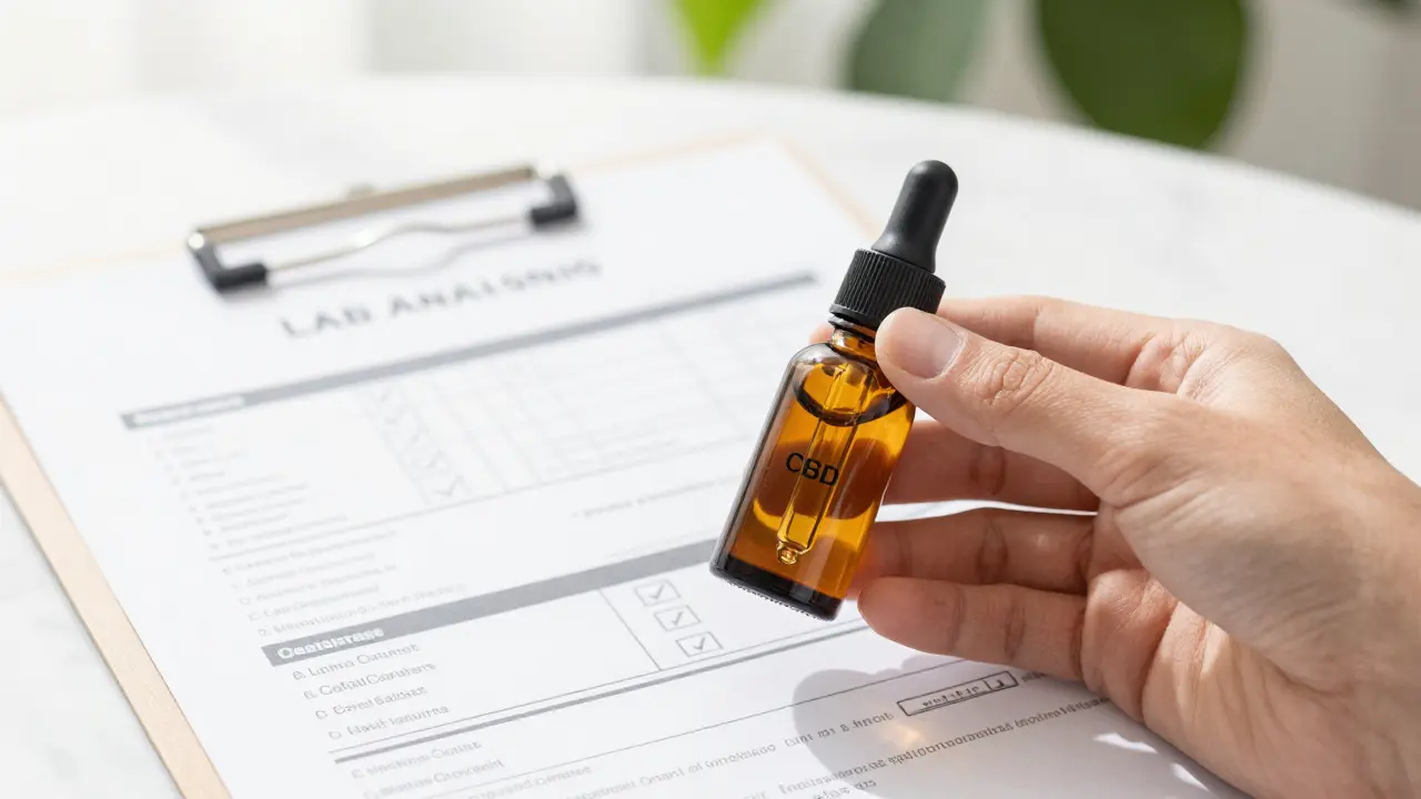 Ein CBD-Öltropfen-Flakon neben einem offiziellen Laboranalyse-Zertifikat auf Marmor.