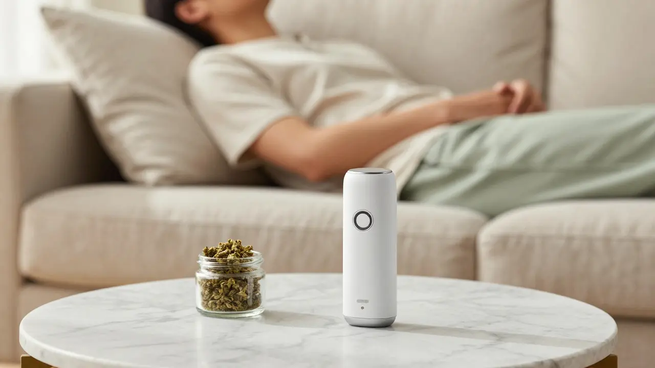 Ein moderner Vaporizer auf einem Tisch in einem hellen, entspannten Wohnzimmer.