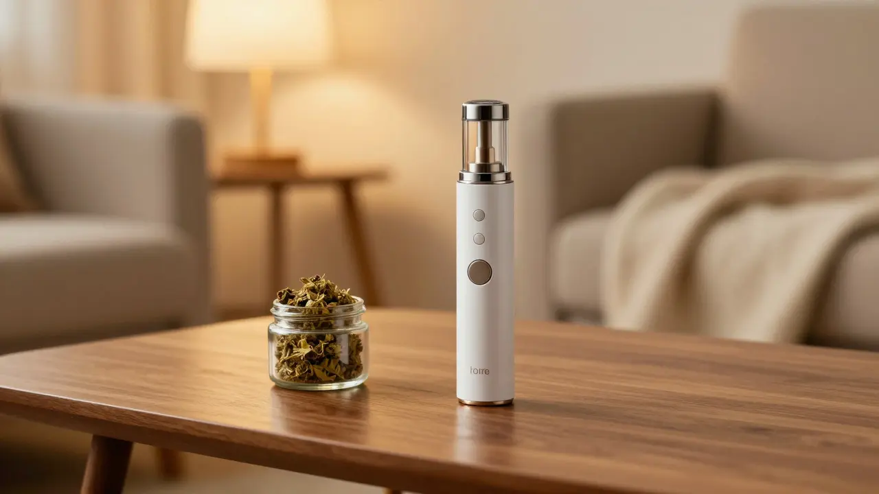Ein moderner Vaporizer und CBD-Blüten in einer gemütlichen, beruhigenden Wohnzimmeratmosphäre.