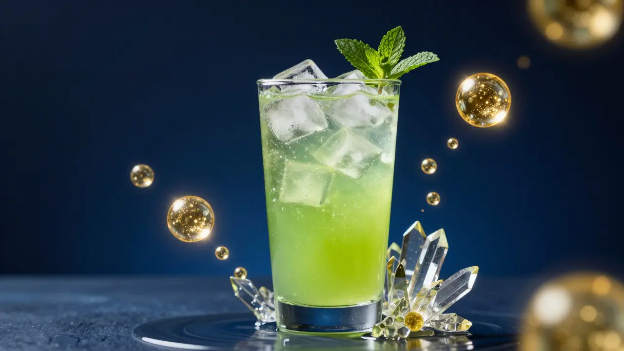 Ein spritziges, grünliches Cannabis-Getränk mit abstrakten Molekülen.