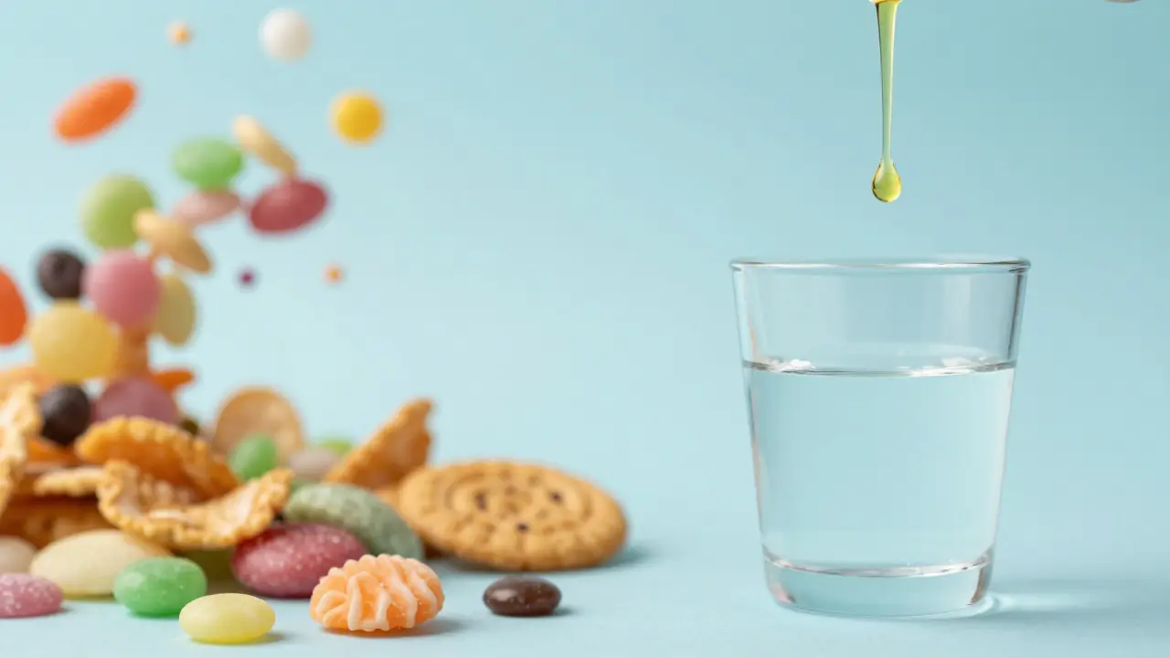 Ein Tropfen goldenes CBD-Öl als Symbol für die Überwindung von Heißhunger und emotionalem Essen.