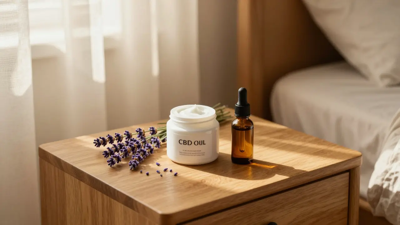 Ein Wellness-Set mit CBD-Creme, CBD-Öl und Lavendel in warmem Sonnenlicht.