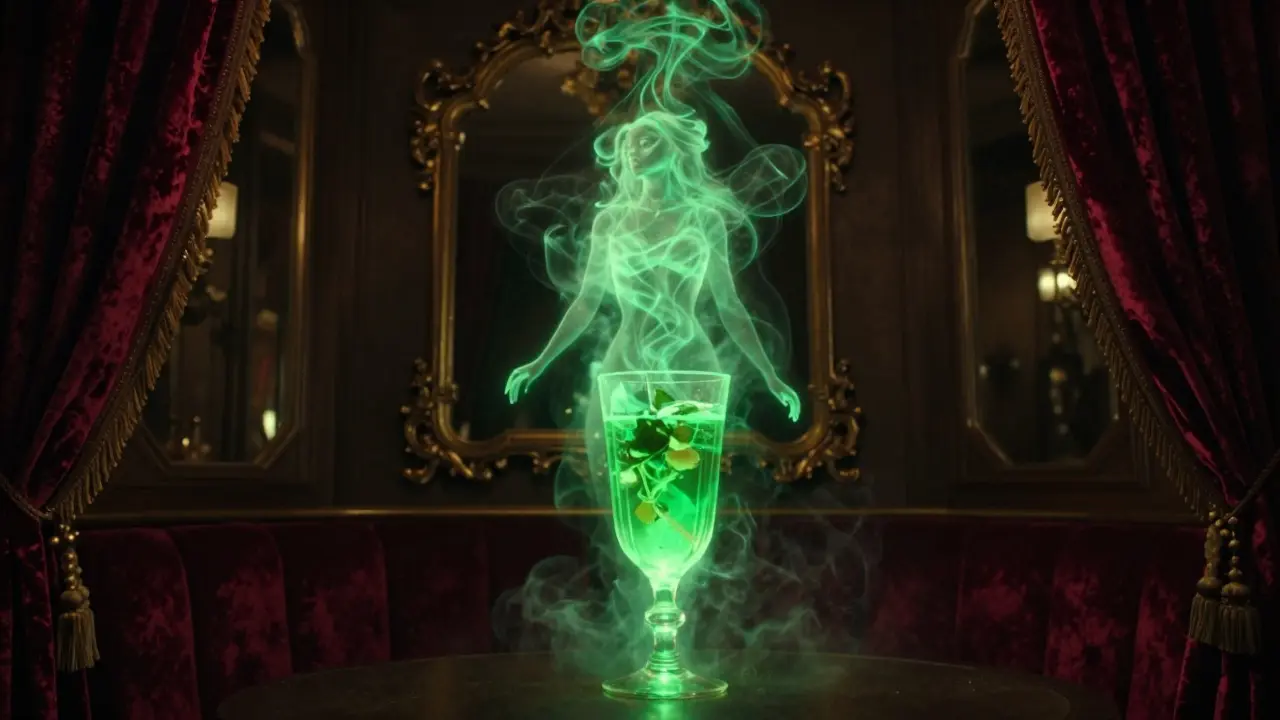 Eine ätherische grüne Fee, die aus einem Glas Absinth in einem Pariser Café aufsteigt.