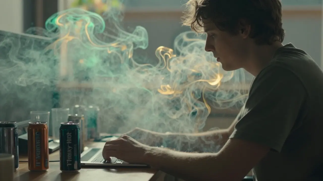 Eine Person, die von plötzlichen, irisierenden grünen Nebelschwaden umhüllt wird, was den verspäteten Wirkungseintritt zeigt.