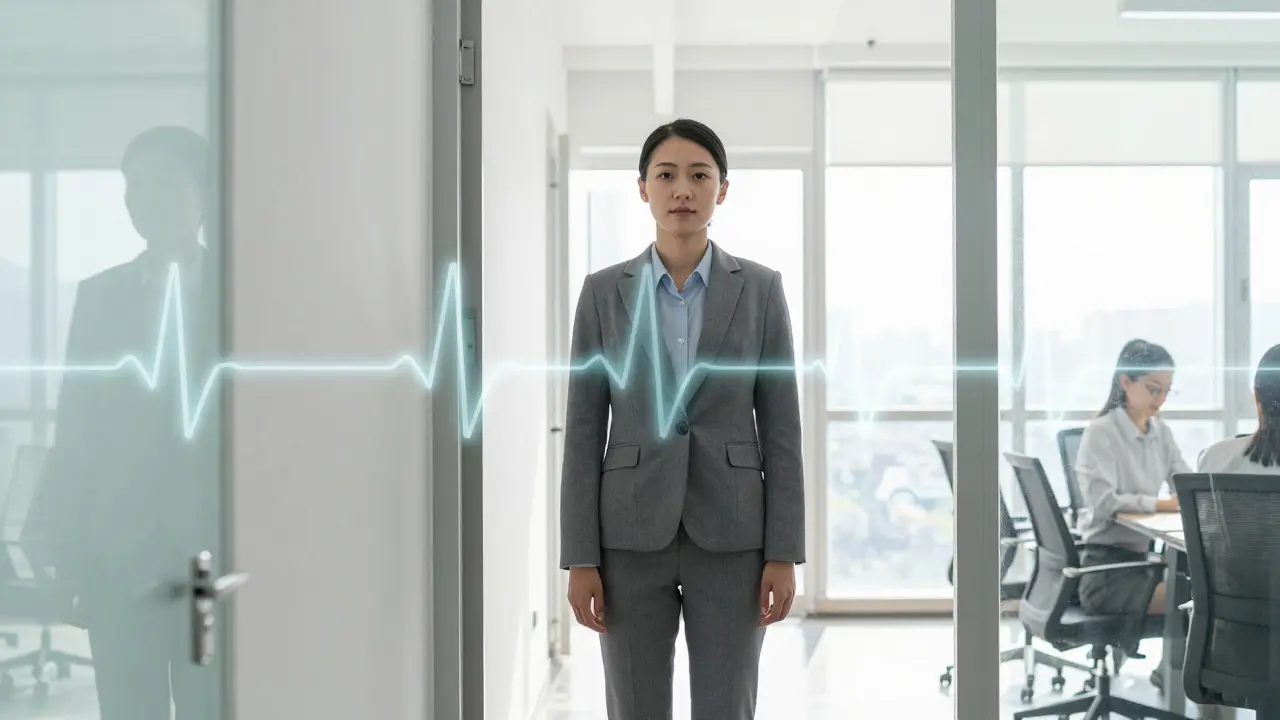 Eine selbstbewusste Person in einem hellen Büro, die Ruhe und Fokus ausstrahlt.