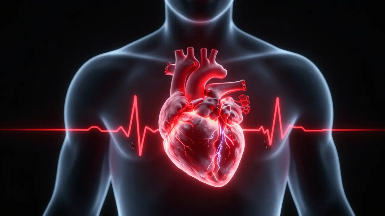 Eine stilisierte menschliche Silhouette mit einem rot leuchtenden Herz, das Herzrasen und körperlichen Stress darstellt.