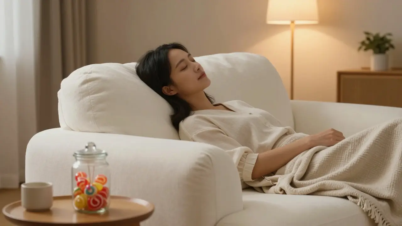 Entspannte Person auf einem weichen Sofa mit einem geschlossenen Glas Lutscher daneben.