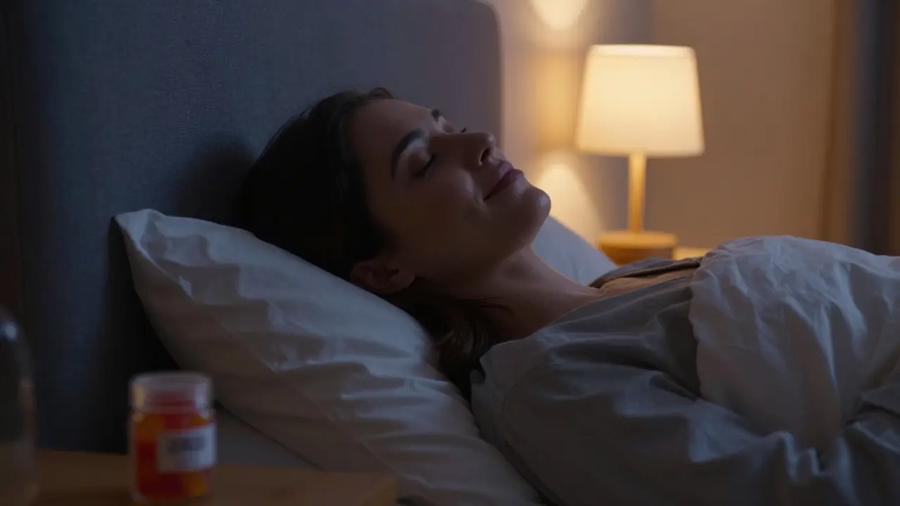 Entspannte Person in einem gemütlichen Schlafzimmer bei warmem Abendlicht.