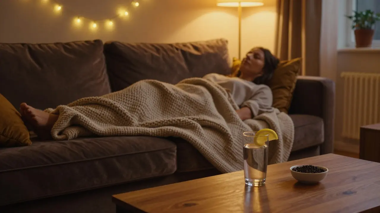 Gemütliches Wohnzimmer mit einer Person auf dem Sofa, Wasser und Zitrone auf dem Tisch.