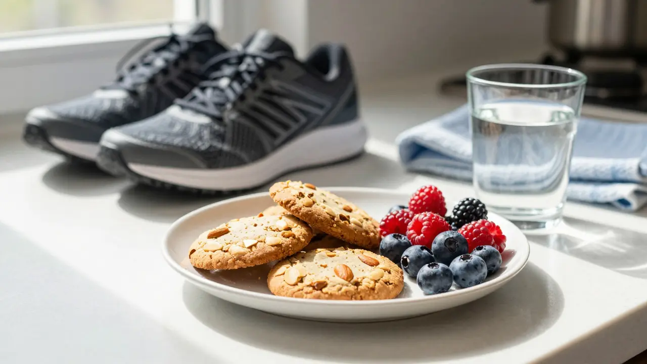 Gesunde CBD-Kekse mit Beeren und Sportausrüstung im Hintergrund für einen bewussten Lebensstil.