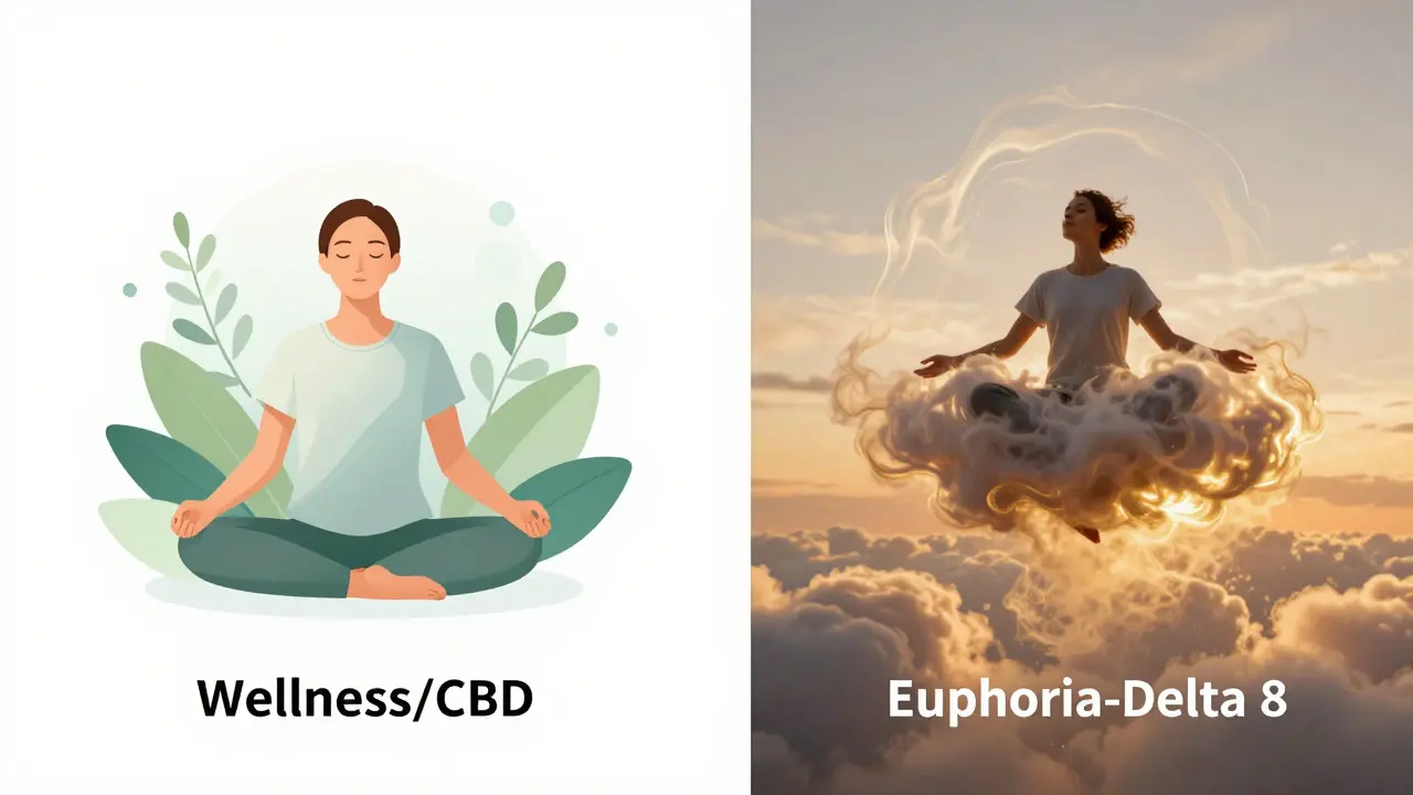Geteilte Ansicht: Ruhige CBD-Wellness gegenüber euphorischem Delta 8 Gefühl.