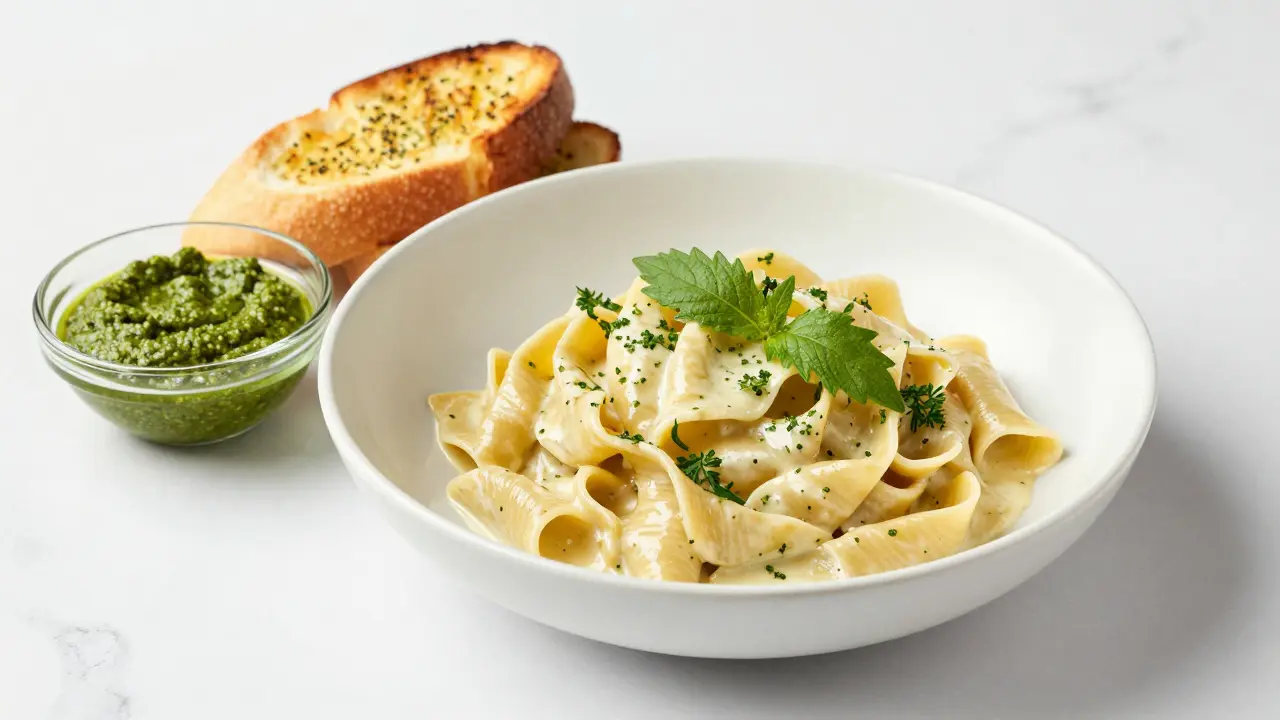 Herzhafte Pasta mit Salbeibutter und Knoblauchbrot in moderner Präsentation.
