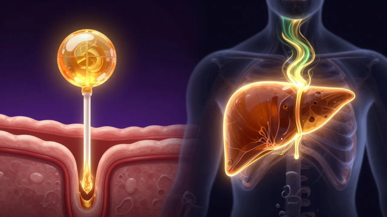 Konzeptuelle Darstellung der THC-Aufnahme über die Mundschleimhaut und die Leber.