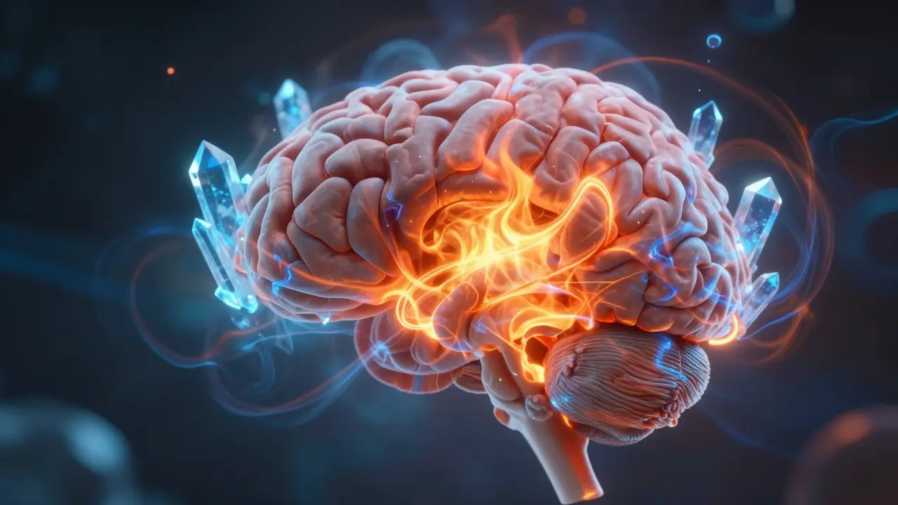 Konzeptuelle Darstellung des Gehirns mit glühender Amygdala und beruhigenden CBD-Elementen.