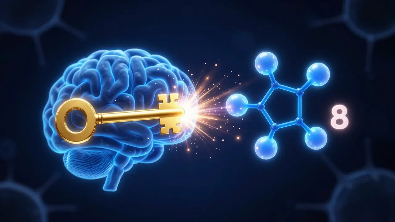 Konzeptuelle Darstellung von THC-Molekülen, die an Gehirnrezeptoren binden
