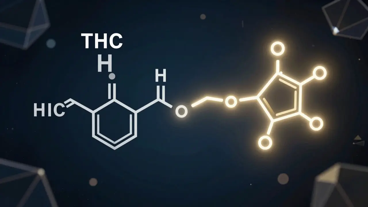 Künstlerische Darstellung der chemischen Umwandlung von THC zu HHC mit goldenen Atomen.