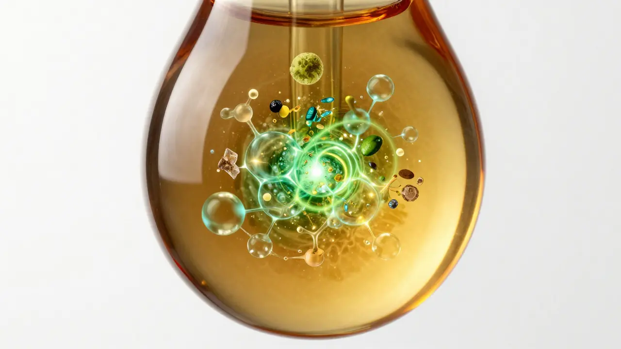 Künstlerische Darstellung des Entourage-Effekts mit CBD-Molekülen und Terpenen in einem Öltropfen.