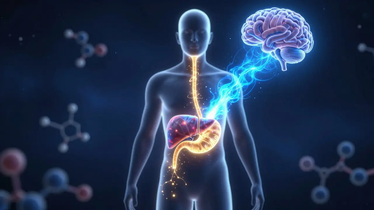 Künstlerische Darstellung des Weges von HHC vom Magen über die Leber zum Gehirn.