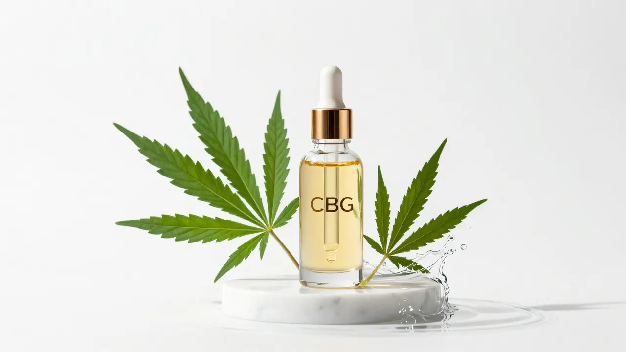 Luxuriöses CBG-Hautpflege-Serum in einer Glasflasche auf weißem Marmor.