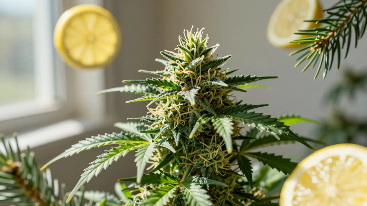 Makroaufnahme einer Sativa-Blüte mit Zitronenscheiben und Kiefernnadeln.