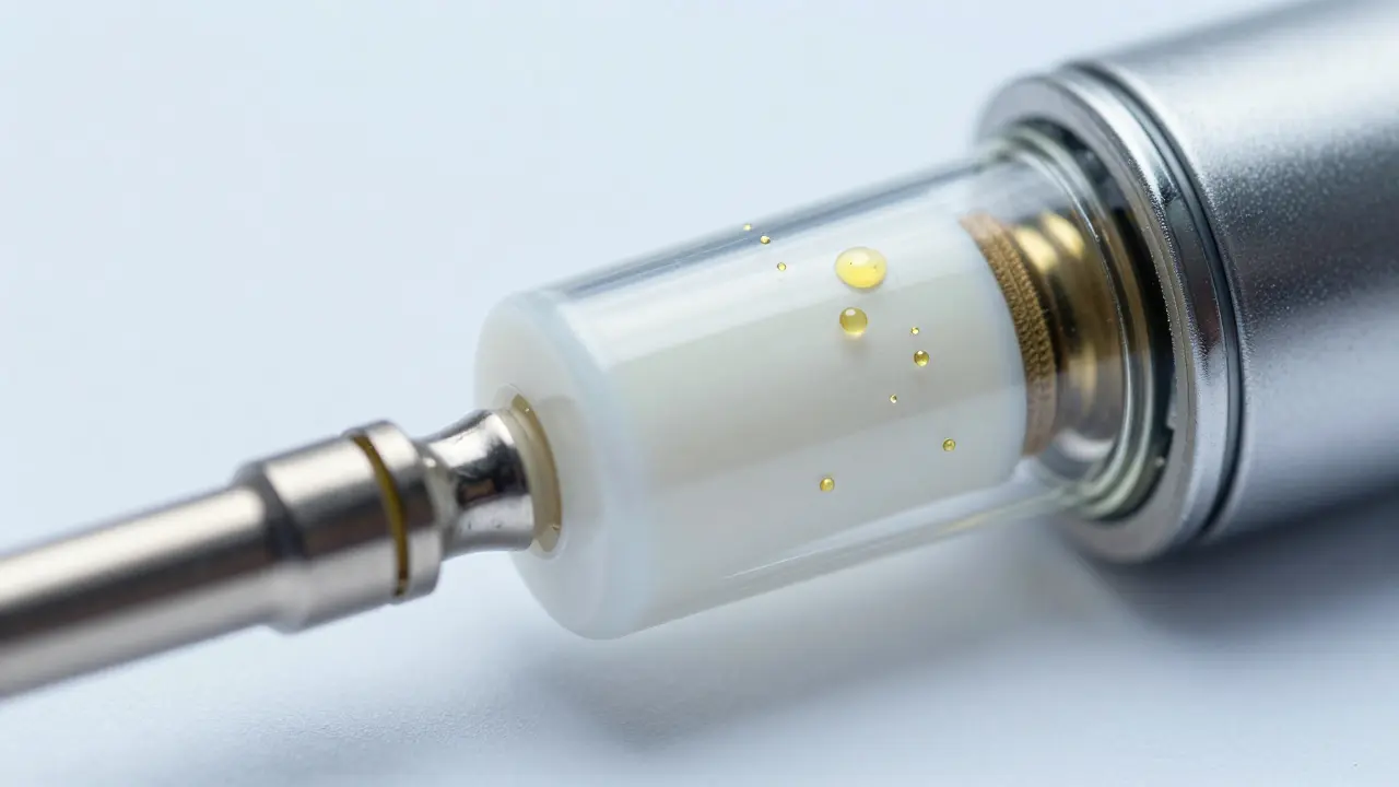 Makroaufnahme eines hochwertigen Keramik-Heizelements in einer CBD-Glasampulle.