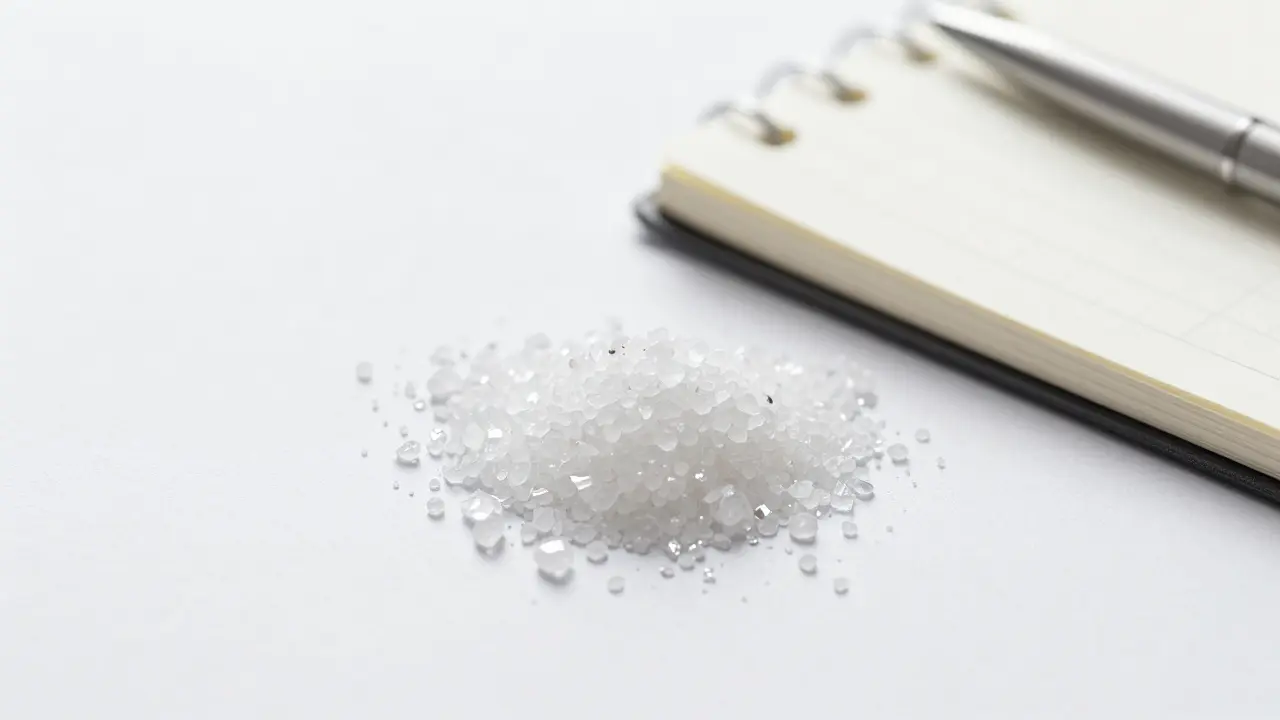 Makroaufnahme von reinen CBD-Kristallen neben einem Notizbuch auf weißem Grund.