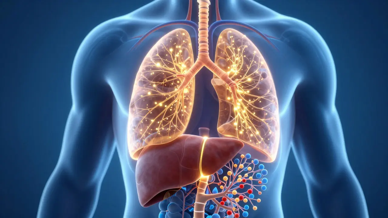 Medizinische Illustration des Stoffwechsels von CBD zwischen Lunge und Leber.